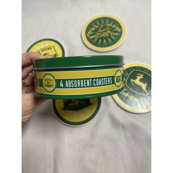 John Deere Tractor Absorbent Stone Bar Glass Coaster Set 4 Canister Holder - Picture 9 of 11